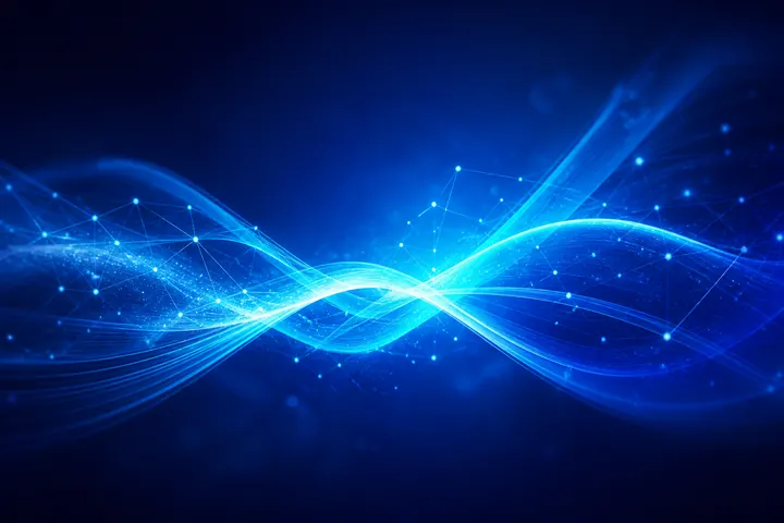 蓝色交叉光带组成的 AI 协作网络